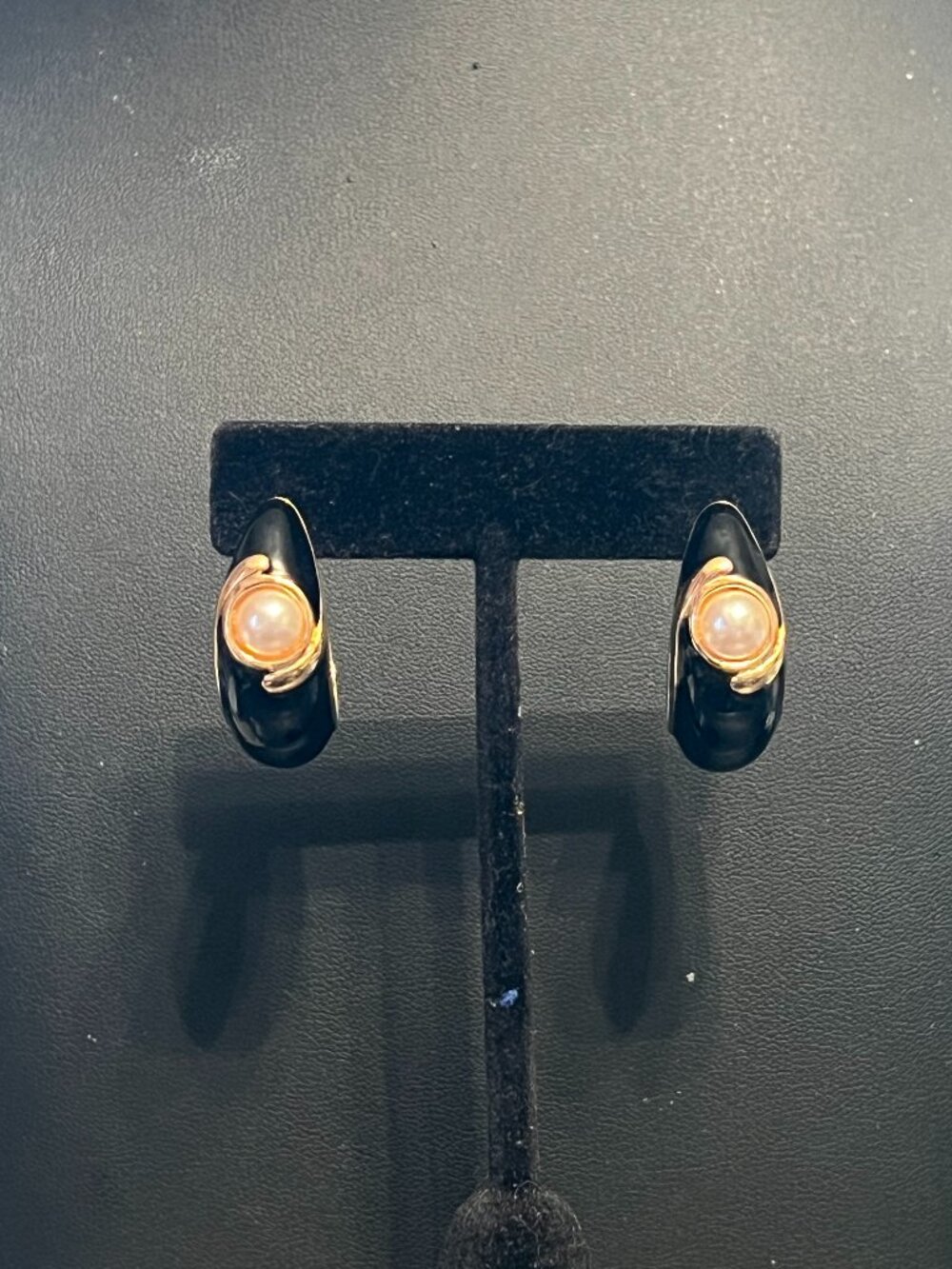 Vintage Napier Gold - Black Enamel - Pearl Curved Post Earrings (387)